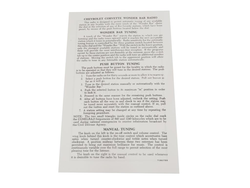 261805 1958-1963 Radio Wonder Bar-instructieblad - 1963 vroeg - GM # 7282755