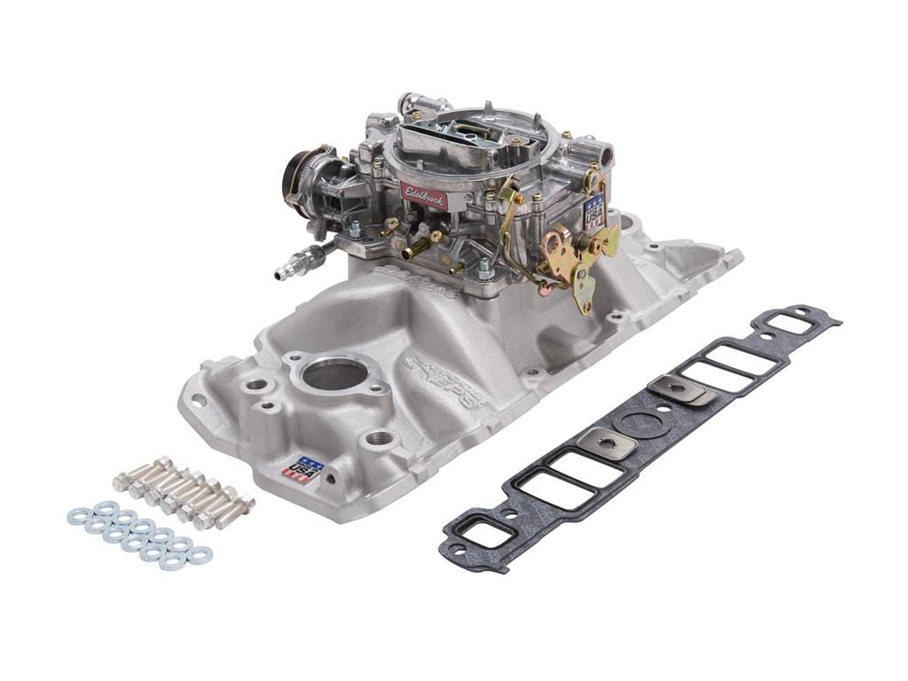 351462 1969-1981 327/350 Edelbrock Single-Quad spruitstuk en carburateurset (ND)