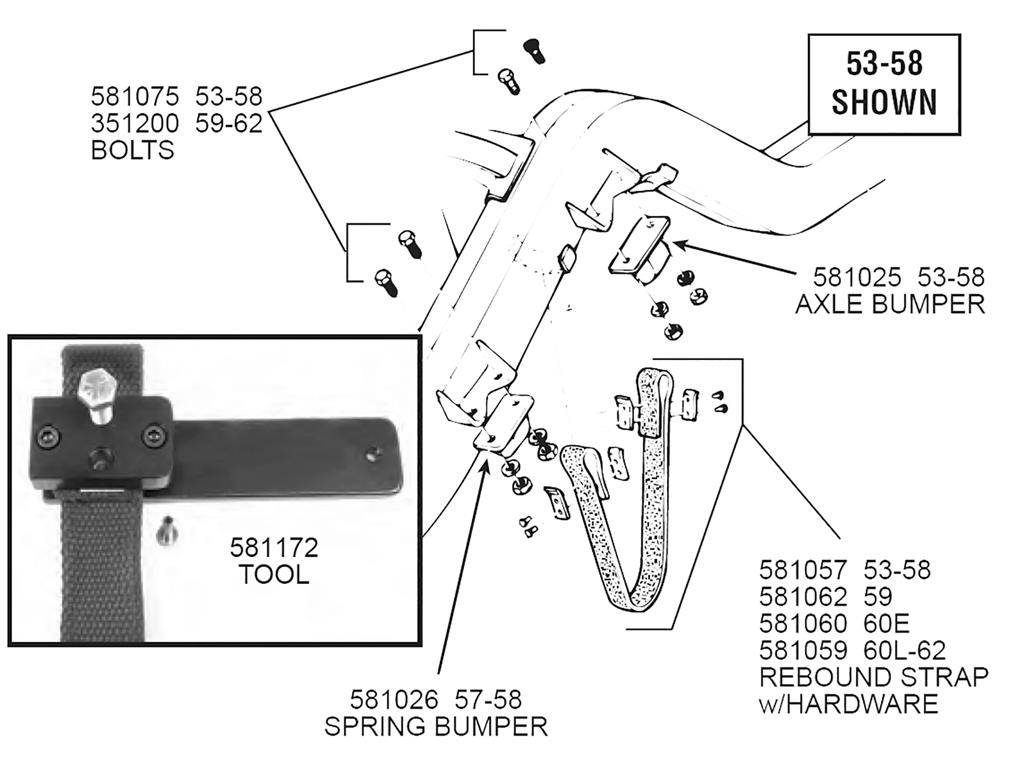 581059 60-62 Rear Axle Rebound Straps with Hardware Kit - Does Both Sides