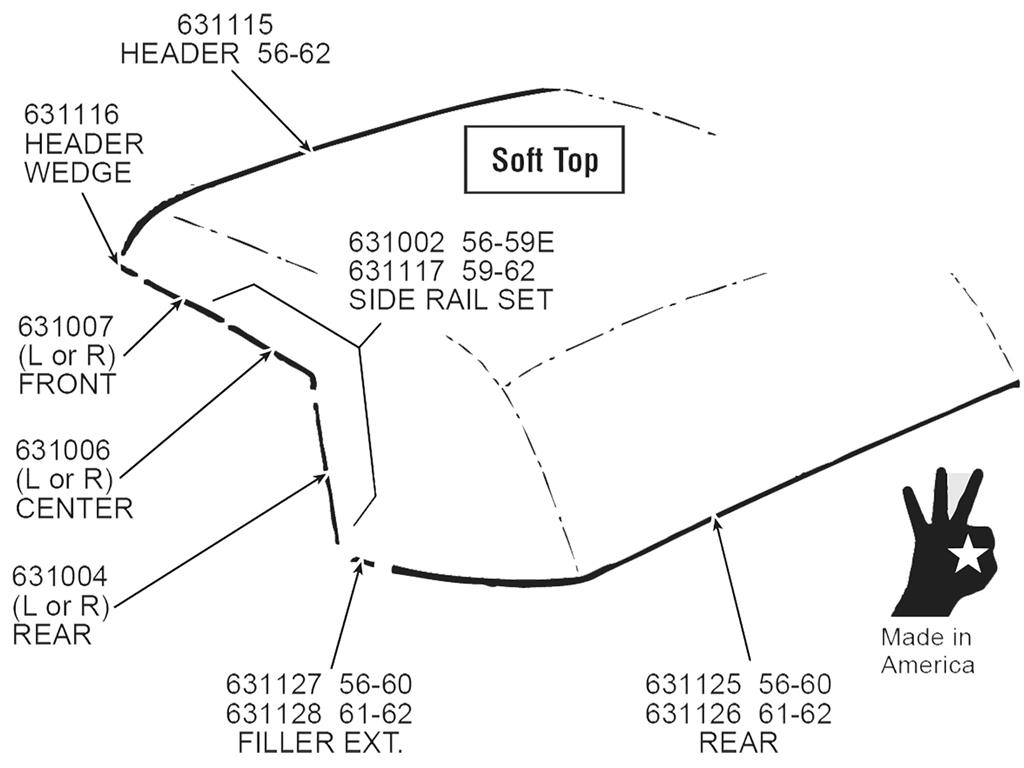 631125 56-60 Tochtstrip voor softtop/cabriotop achterste boeg - rubber 56-58 Vervang