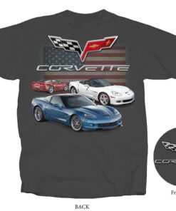 116051 C6 Gray T-Shirt rood wit en blauwe auto's & Amerikaanse vlag