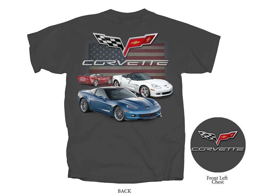 116051 C6 Gray T-Shirt rood wit en blauwe auto's & Amerikaanse vlag