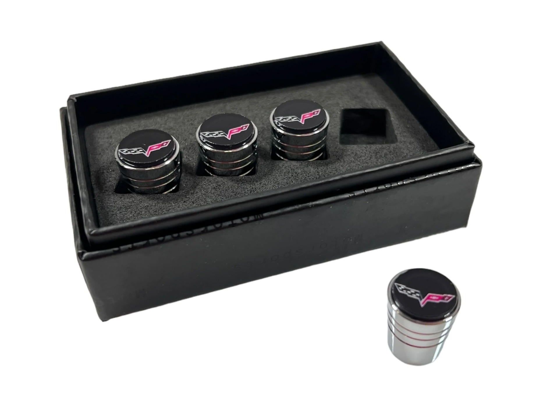 116998 C6 Logo Chrome Tapered Knurled Valve Stem Caps