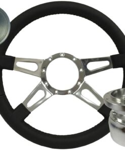 564157 84-89 zwart leer 4 Chrome Spoke Stuurwiel met Horn Knop en Hub