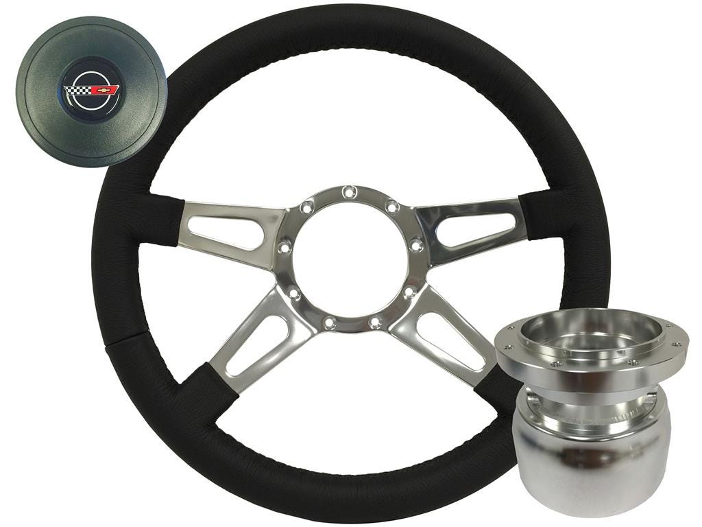 564157 84-89 zwart leer 4 Chrome Spoke Stuurwiel met Horn Knop en Hub