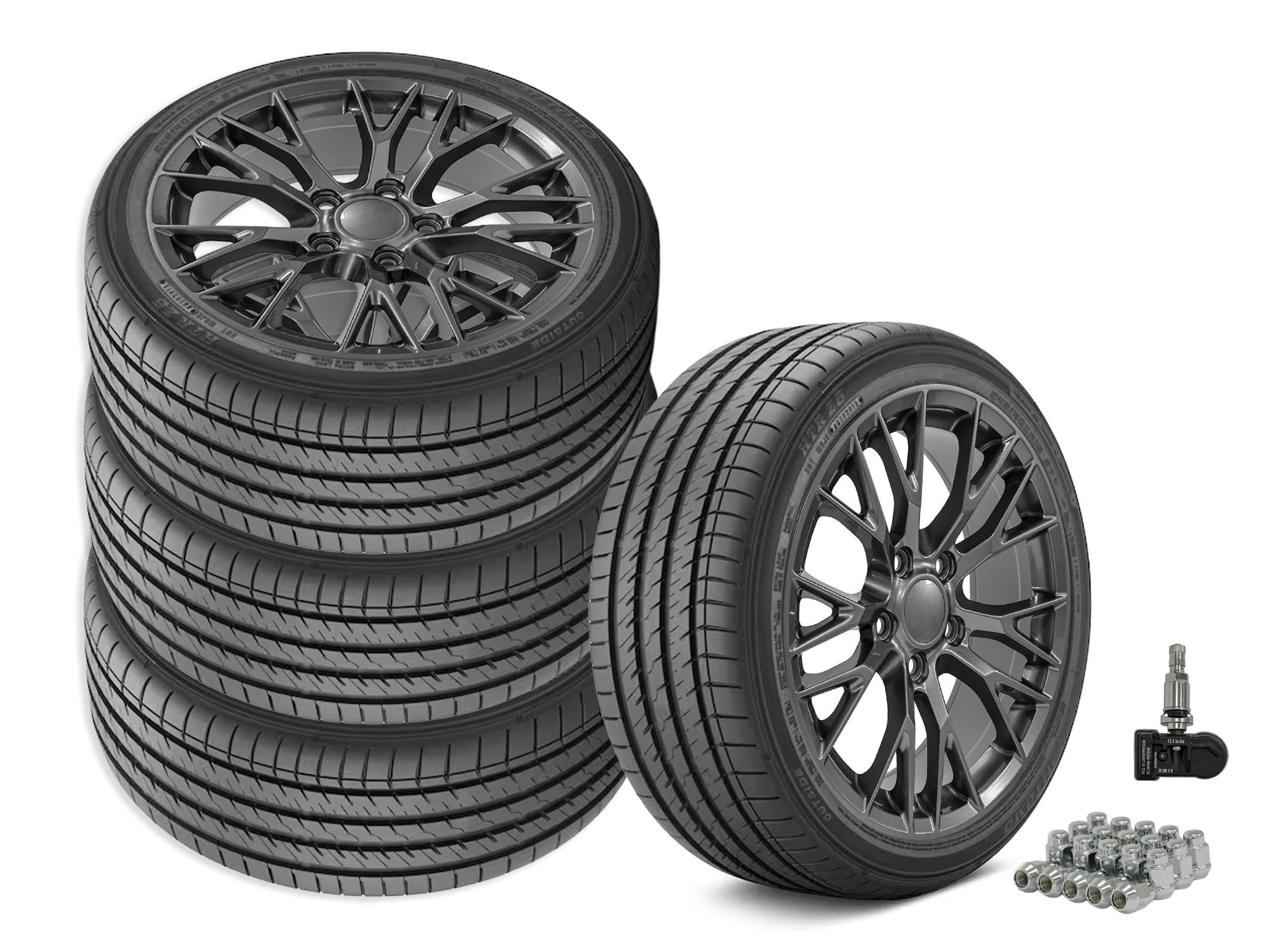 645508 2001-2004 c7 z06 stijl gespreide montage wiel & band set gunmetal grijs
