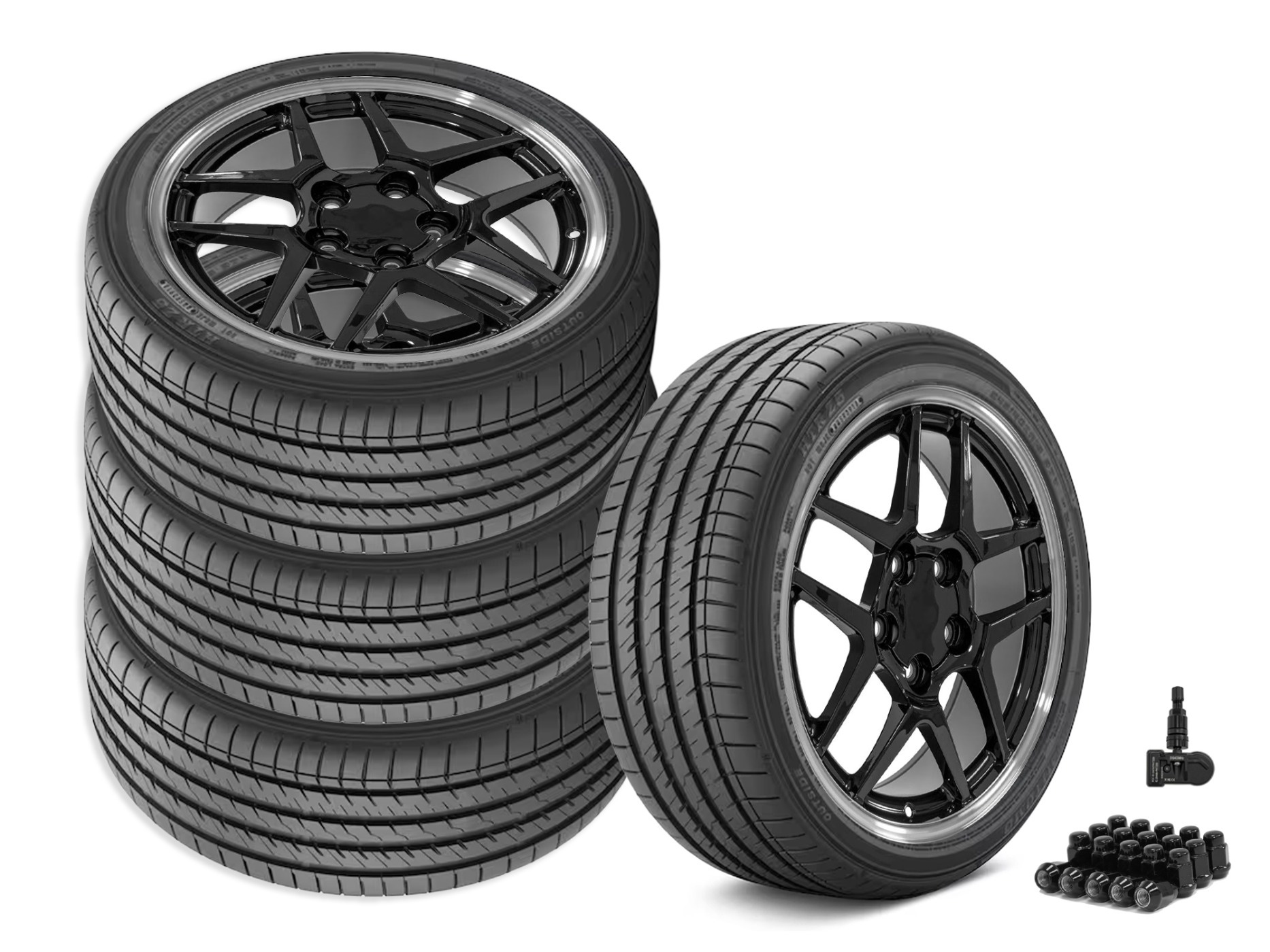 645515 1997-2000 C5 Y2K Style Staggered Fitment Wheel & Tire Set zwart met bewerkte Lip