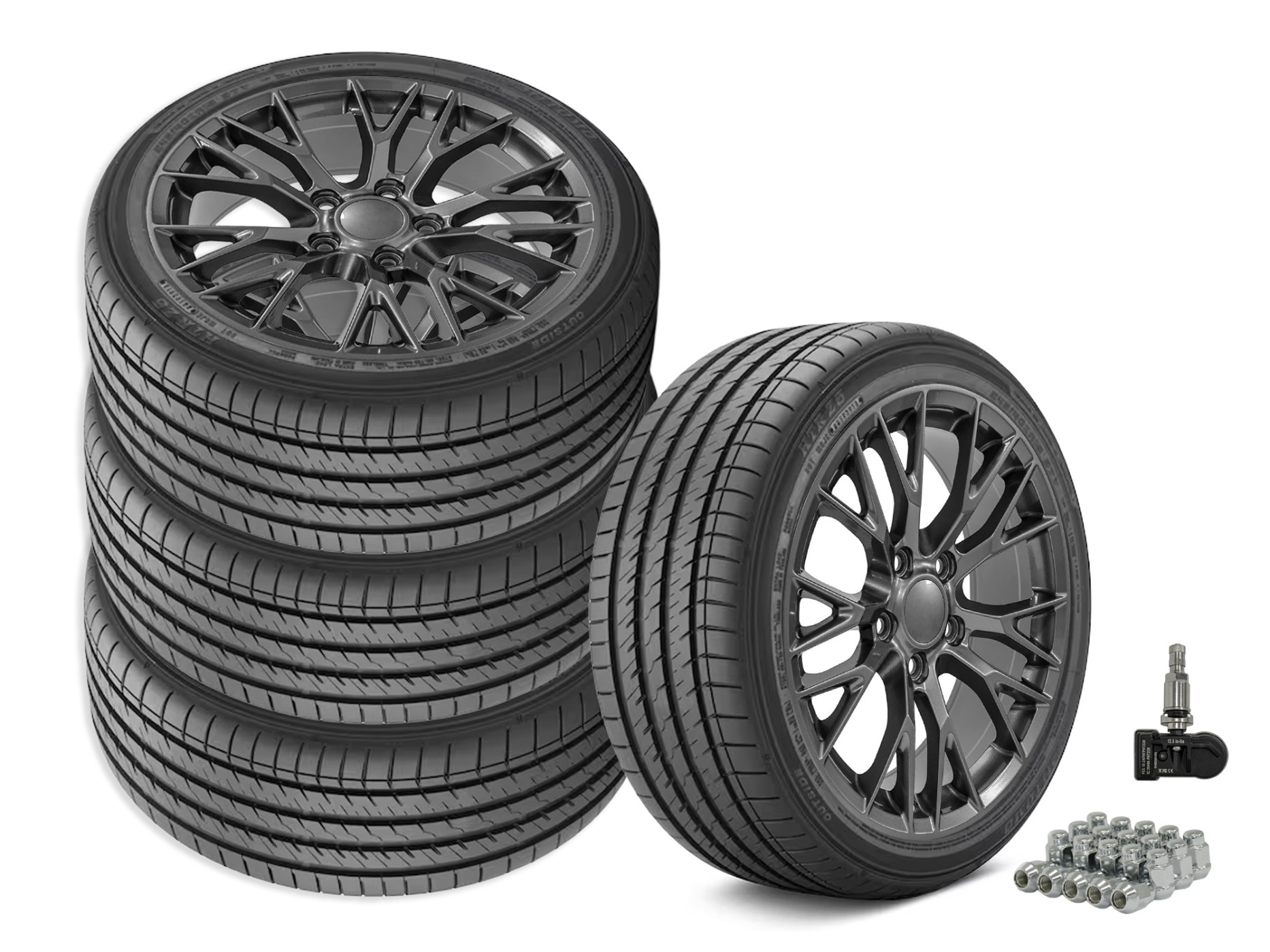 645521 1997-2000 c7 z06 stijl gespreide montage wiel & band set gunmetal grijs